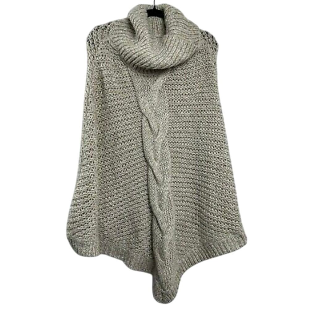 Eddie Bauer Womens Poncho Size M/L Beige Cable Knit Cowl Neck Sweater Shawl Cape